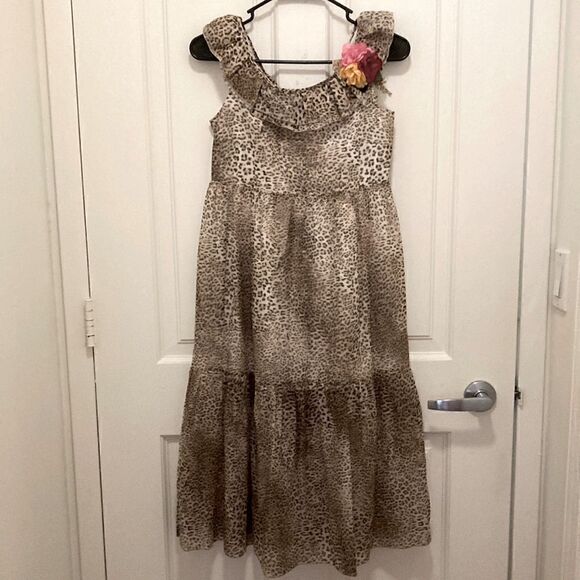MonnaLisa Girls Maxi Dress in Animal Print with Ruffled Collar & Flower Size 12. - Picture 1 of 10